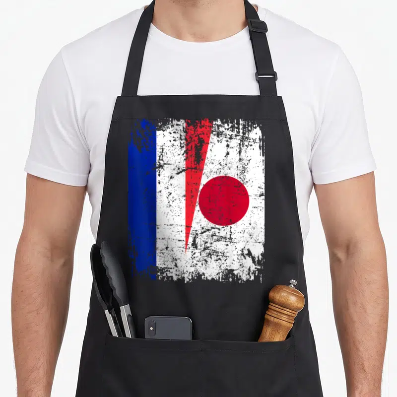 Tablier de cuisine noir avec un drapeau français et un cercle rouge japonais superposés sur fond blanc texturé.