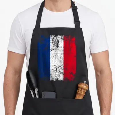 Tablier de cuisine noir avec drapeau français tricolore style grunge délavé bleu blanc rouge