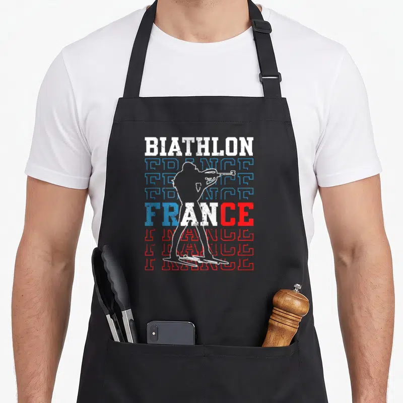 Tablier de cuisine noir avec silhouette biathlète et texte BIATHLON FRANCE en bleu blanc rouge