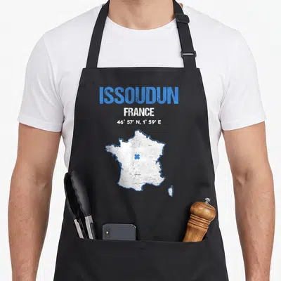Tablier de cuisine noir avec carte de France blanche et croix bleue localisant Issoudun