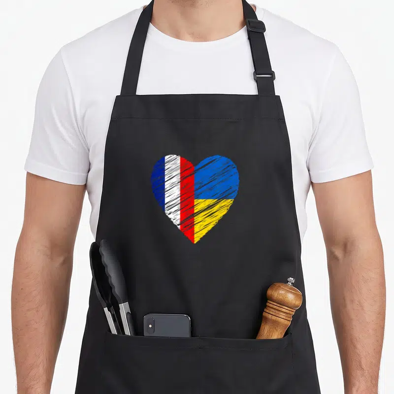 Tablier de cuisine noir avec un cœur stylisé aux couleurs des drapeaux français et ukrainien tracé au trait.
