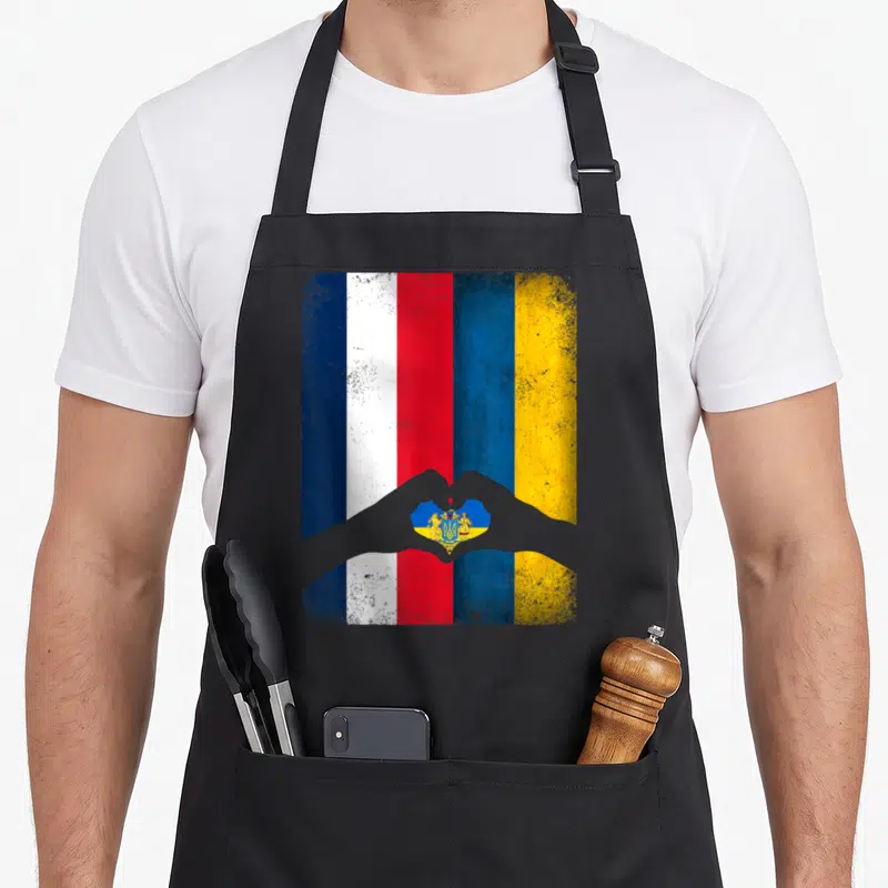 Tablier de cuisine noir avec drapeaux français et ukrainien et mains formant un cœur au centre.