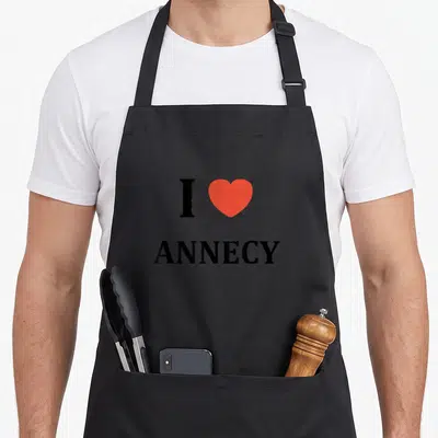 Tablier de cuisine noir avec le texte J'aime ma ville Annecy et un cœur rouge stylisé au centre.