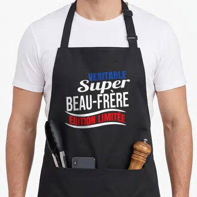 Tablier de cuisine noir avec l'inscription Véritable Super Beau-Frère « Édition Limitée » en bleu blanc et rouge.