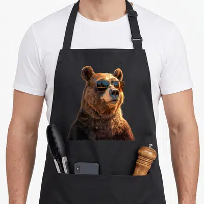 Tablier de cuisine noir avec un ours brun portant des lunettes de soleil reflétant un paysage forestier.
