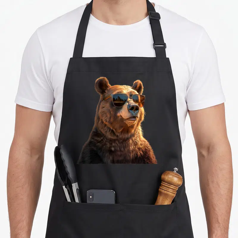 Tablier de cuisine noir avec un ours brun portant des lunettes de soleil reflétant un paysage forestier.