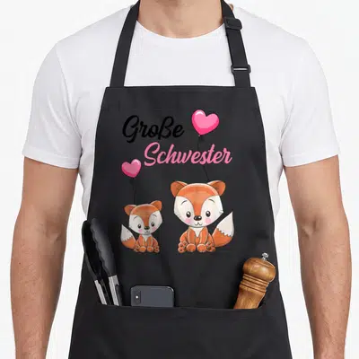 Tablier de cuisine noir avec deux renards dessinés et le texte Große Schwester accompagné de cœurs roses volants.