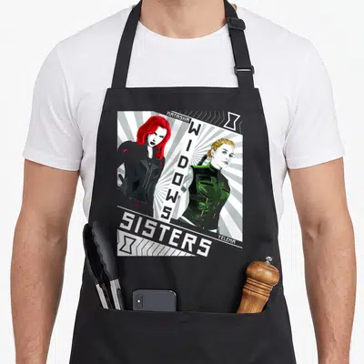 Tablier de cuisine noir avec illustration Natasha Yelena Widows Sisters en style graphique.