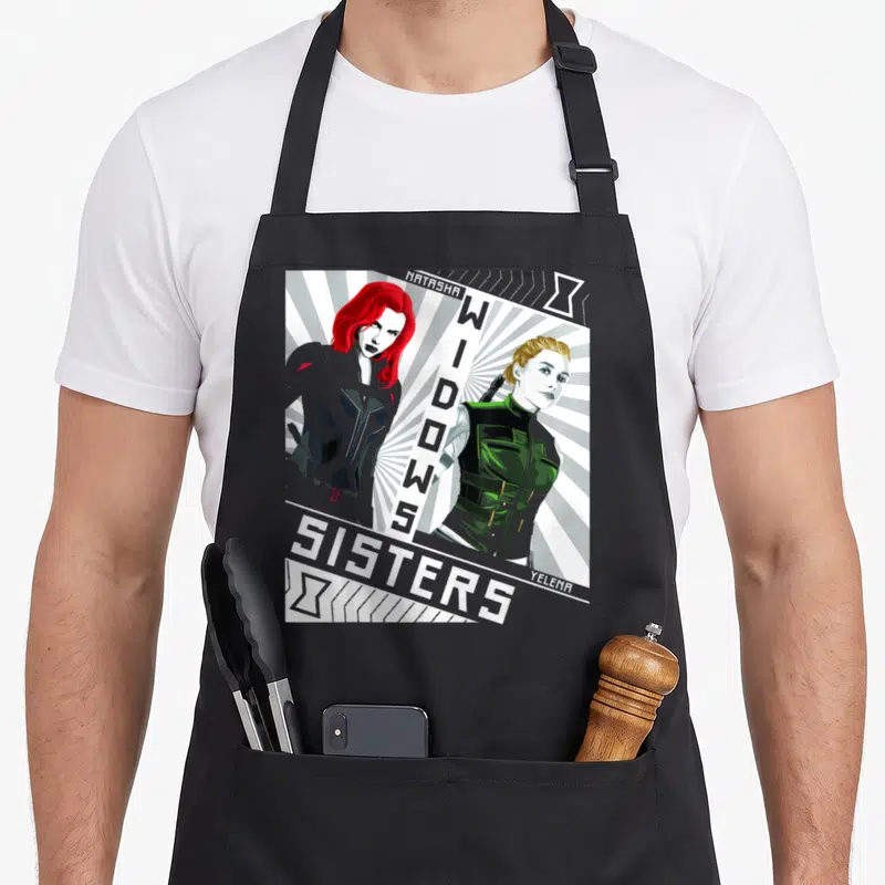 Tablier de cuisine noir avec illustration Natasha Yelena Widows Sisters en style graphique.