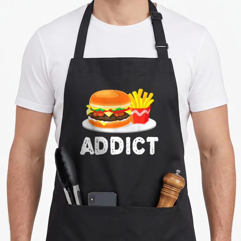 Tablier de cuisine noir avec illustration d'un burger bacon cheeseburger, de frites dans un carton rouge et le mot ADDICT