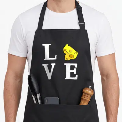 Tablier de cuisine noir avec le mot Love et une wedge de fromage jaune remplaçant la lettre O.