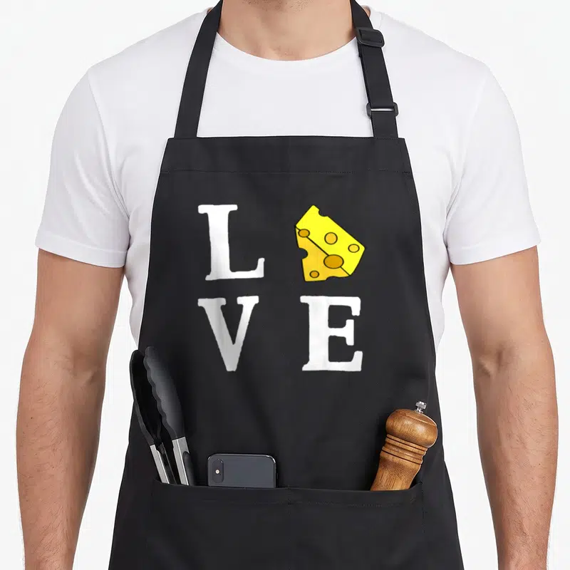 Tablier de cuisine noir avec le mot Love et une wedge de fromage jaune remplaçant la lettre O.