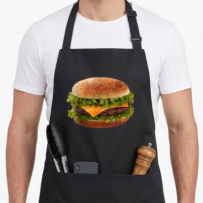 Tablier de cuisine noir avec une illustration colorée d'un hamburger au fromage et à la laitue.