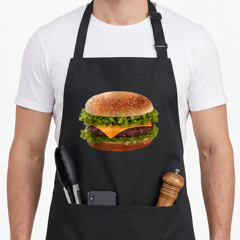 Tablier de cuisine noir avec une illustration colorée d'un hamburger au fromage et à la laitue.