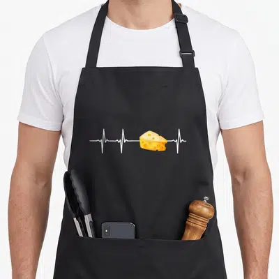 Tablier de cuisine noir avec un tracé cardiologique blanc traversant une wedge de fromages jaunes à trous.