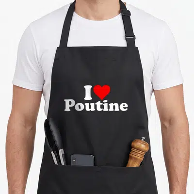 Tablier de cuisine noir avec inscription blanche I Love Poutine et un cœur rouge stylisé au centre.