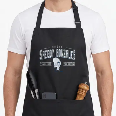 Tablier de cuisine noir avec illustration de Speedy Gonzales et texte blanc Señor Speedy Gonzales It's All About The Cheese