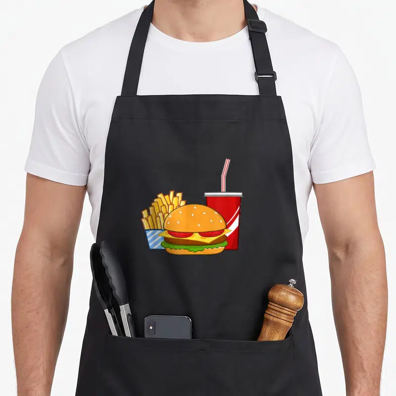 Tablier de cuisine noir avec illustration d'un burger, de frites et d'une boisson soda rouge.