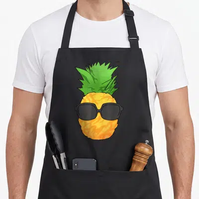 Tablier de cuisine noir avec illustration d'ananas jaune portant des lunettes de soleil noires et une couronne de feuilles vertes pointues.