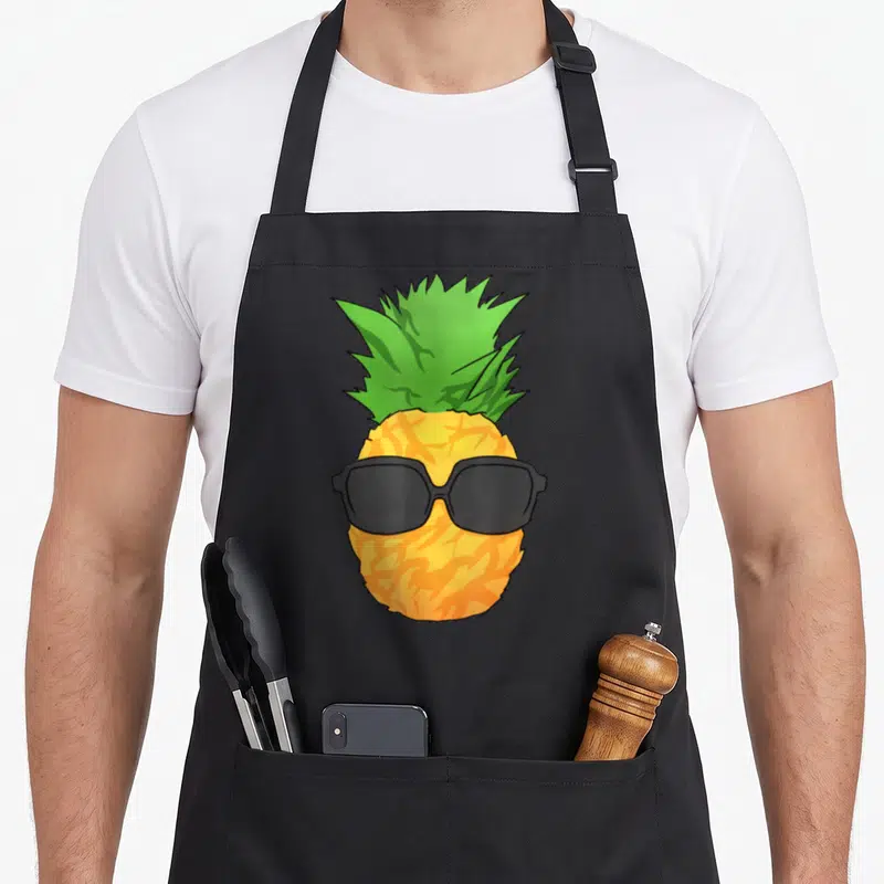 Tablier de cuisine noir avec illustration d'ananas jaune portant des lunettes de soleil noires et une couronne de feuilles vertes pointues.