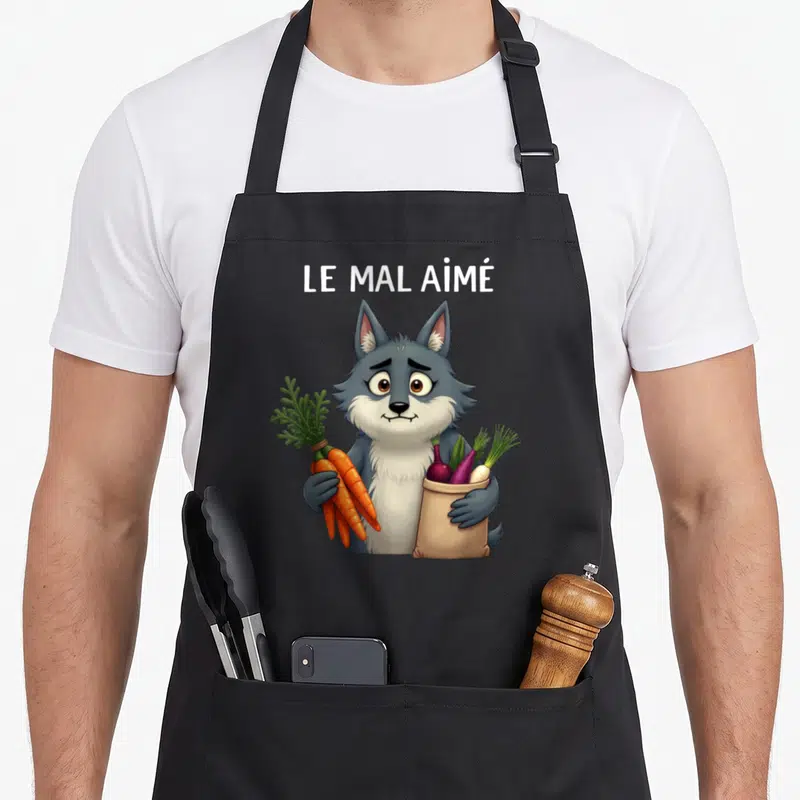 Tablier de cuisine noir avec un loup gris tenant des carottes et un sac de légumes sous le texte Le Mal Aimé.