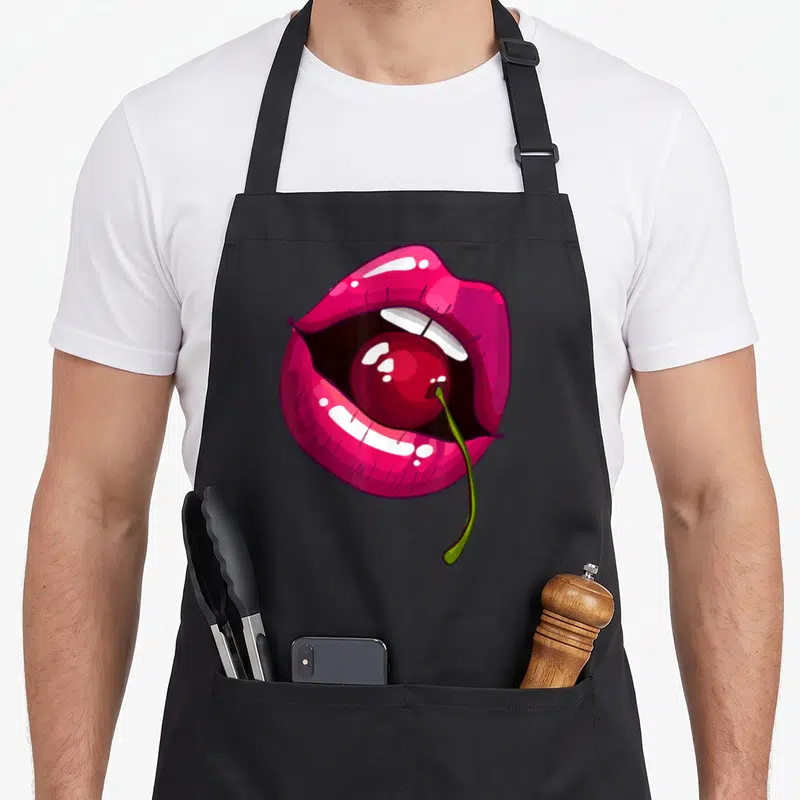 Tablier de cuisine noir avec illustration de lèvres roses tenant une cerise rouge à la tige verte.