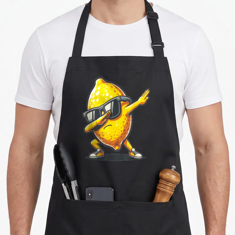 Tablier de cuisine noir avec un citron jaune portant des lunettes noires et effectuant une pose de danse.