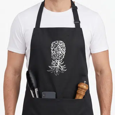 Tablier de cuisine noir avec illustration blanche d'ananas contenant le texte IF YOU KNOW YOU KNOW au centre du motif.