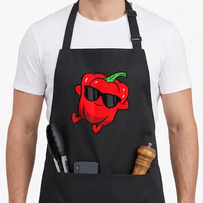 Tablier de cuisine noir avec un poivron rouge mignon portant des lunettes de soleil noires.