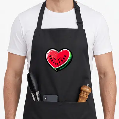 Tablier de cuisine noir avec une illustration de pastèque rouge en forme de cœur aux graines noires et à la peau verte.