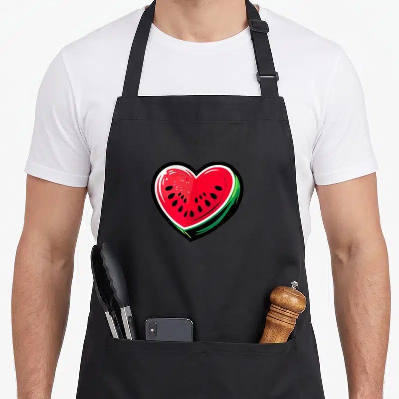 Tablier de cuisine noir avec une illustration de pastèque rouge en forme de cœur aux graines noires et à la peau verte.