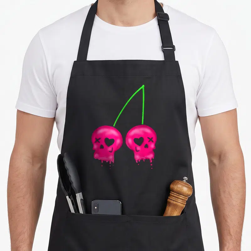 Tablier de cuisine noir avec deux cerises roses stylisées en crânes aux yeux en cœur et tiges vertes lumineuses.