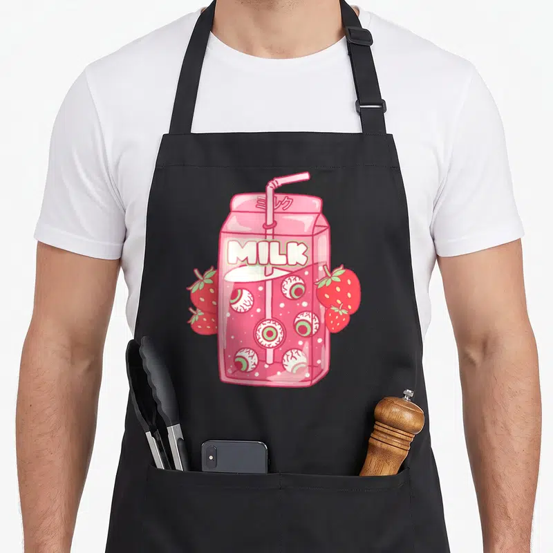 Tablier de cuisine noir avec illustration d'un carton de lait rose contenant des yeux et des fraises rouges.