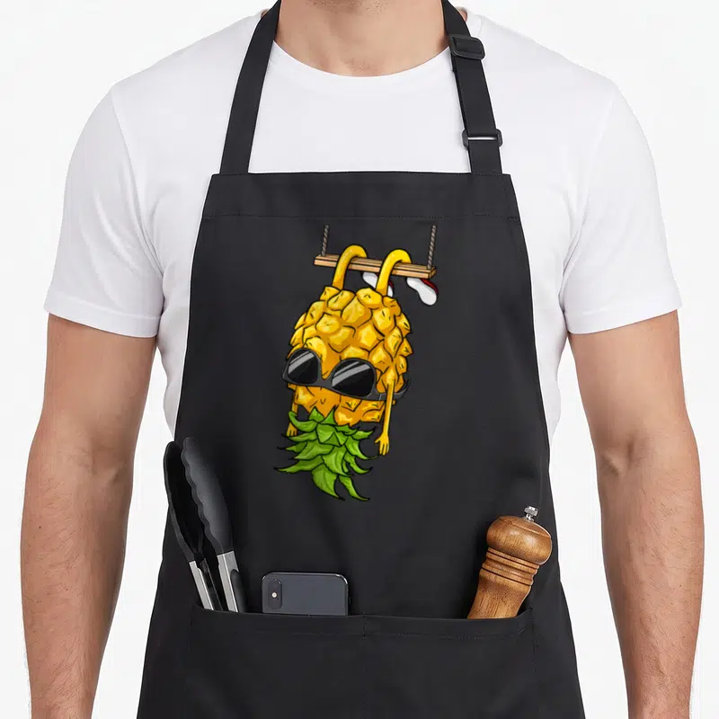Tablier de cuisine noir avec illustration d'un ananas portant des lunettes noires assis sur une balançoire suspendue par les pieds.