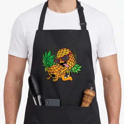 Tablier de cuisine noir avec illustration colorée d'un ananas anthropomorphique aux lunettes roses et langue sortie, posé en position suggestive sur fond uni.