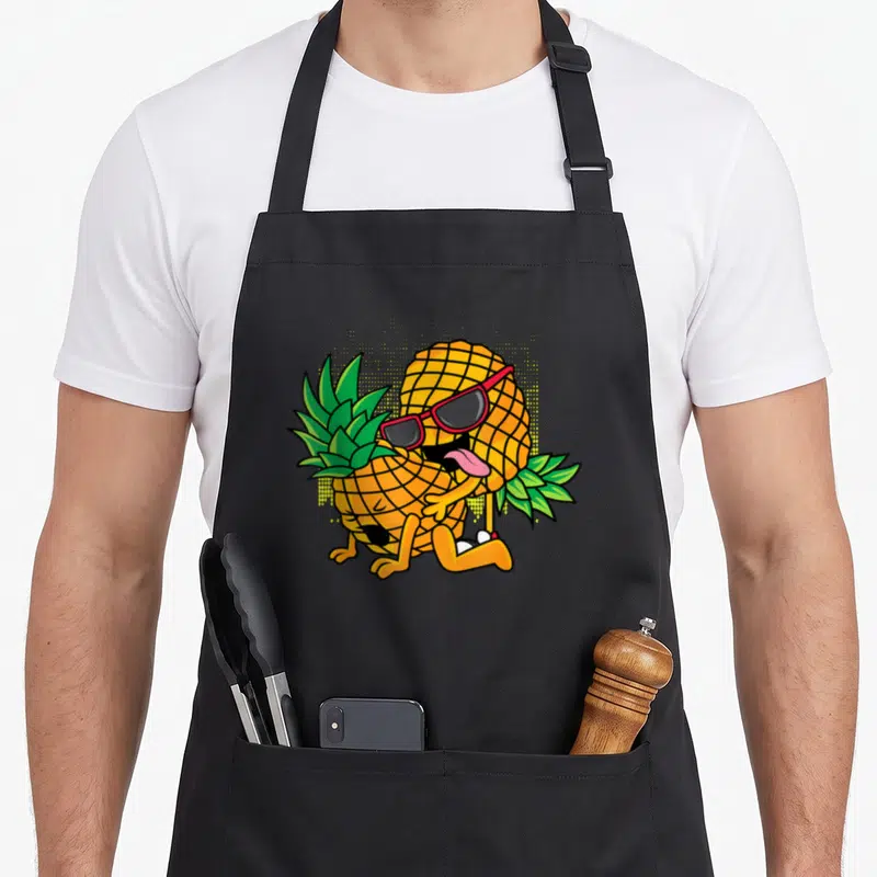 Tablier de cuisine noir avec illustration colorée d'un ananas anthropomorphique aux lunettes roses et langue sortie, posé en position suggestive sur fond uni.