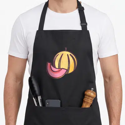Tablier de cuisine noir avec illustration de melon jaune et tranche de pastèque rose.