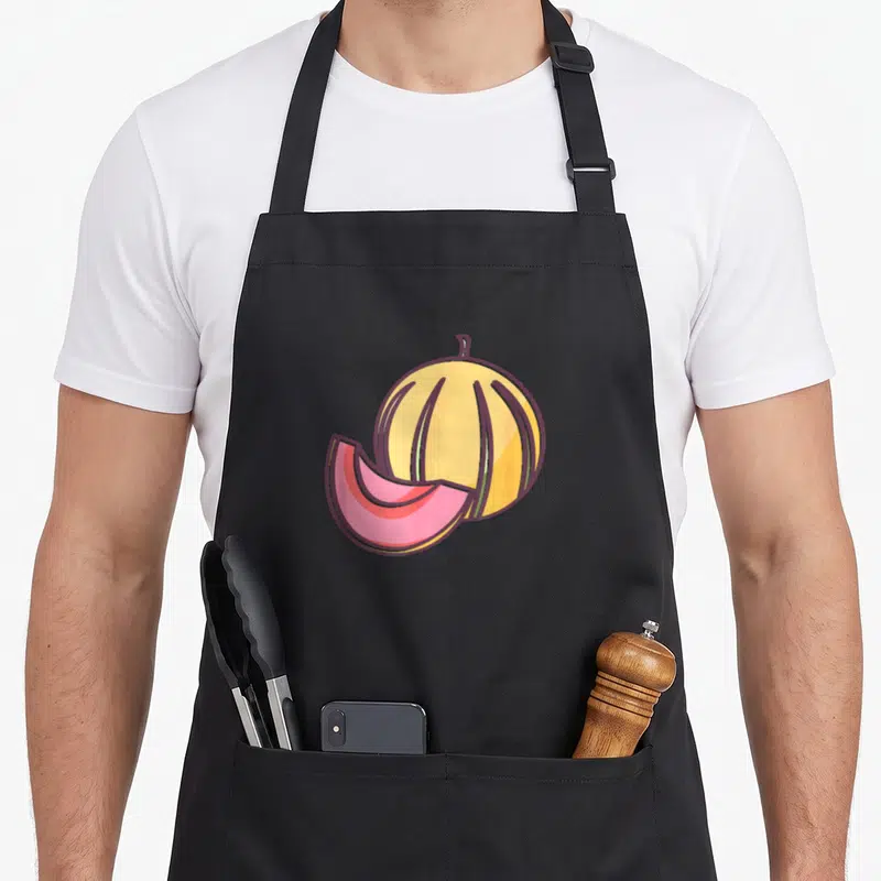 Tablier de cuisine noir avec illustration de melon jaune et tranche de pastèque rose.