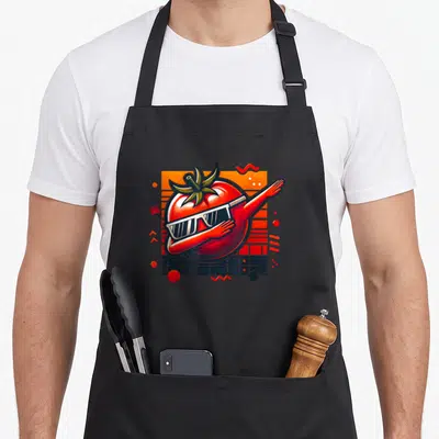 Tablier de cuisine noir avec illustration d'une tomate rouge en train de faire le Dab, coiffée de lunettes de soleil blanches et d'un arrière-plan géométrique coloré.