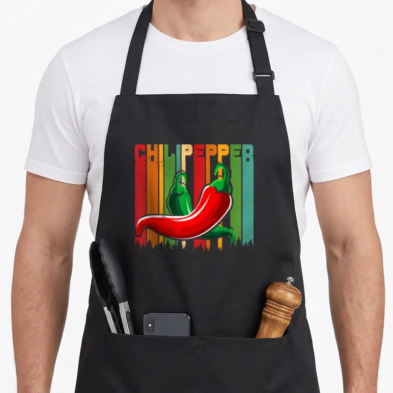 Tablier de cuisine noir avec illustration vintage de chili pepper rouge et vert sur bandes colorées.