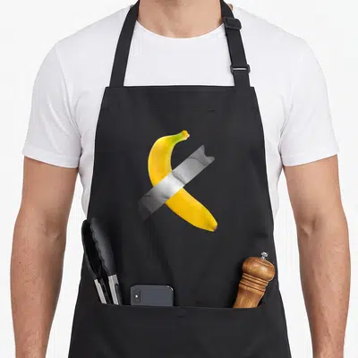 Tablier de cuisine noir avec illustration d'une banane jaune traversée par une bande de ruban adhésif gris.
