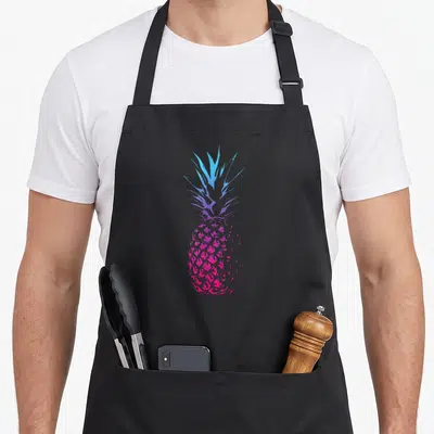 Tablier de cuisine noir avec ananas stylisé aux teintes roses et bleues ainsi que des mentions estivales imprimées en haut.