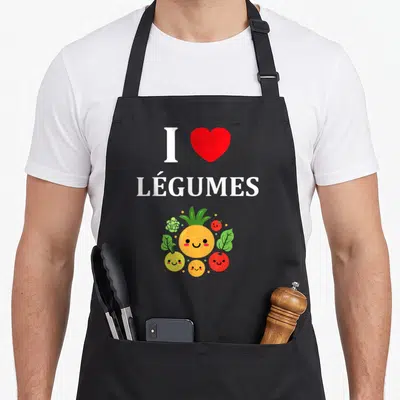Tablier de cuisine noir avec J'aime les légumes, cœur rouge et légumes souriants colorés.