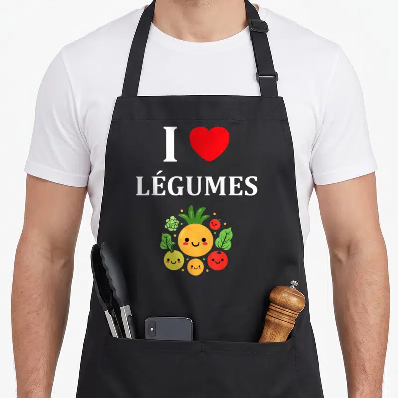 Tablier de cuisine noir avec J'aime les légumes, cœur rouge et légumes souriants colorés.