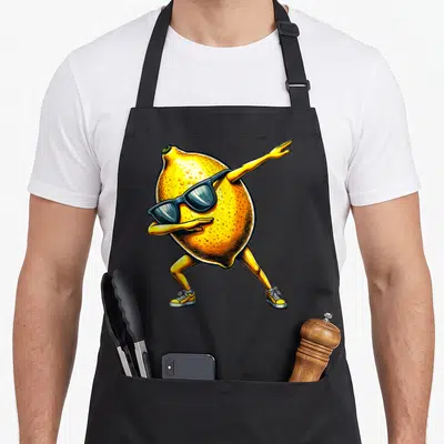 Tablier de cuisine noir avec un citron jaune aux lunettes noires effectuant une pose dab stylisée.