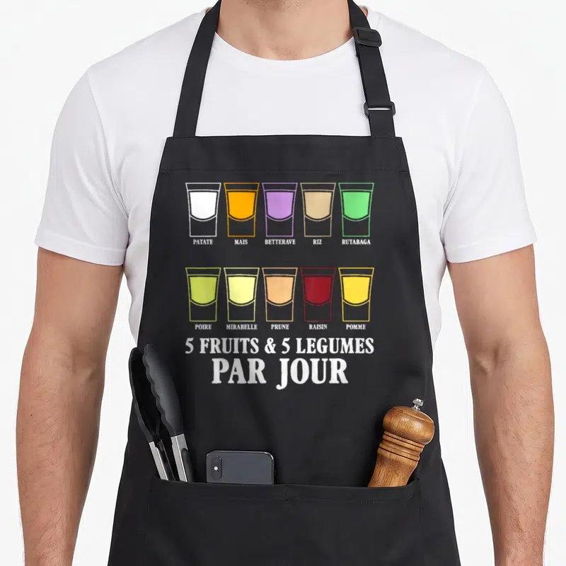 Tablier de cuisine noir avec illustration de dix verres colorés représentant des fruits et légumes variés.