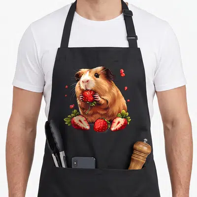 Tablier de cuisine noir avec illustration d'un cochon d'Inde tenant une fraise rouge entouré de fruits rouges entiers et coupés.