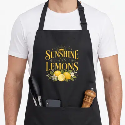 Tablier de cuisine noir avec l'inscription Sunshine and Lemons entourée de citrons jaunes et de fleurs blanches.