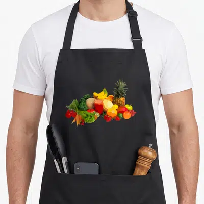 Tablier de cuisine noir avec une illustration colorée représentant un assortiment de fruits et légumes frais comme des bananes, un pineapple et des carottes.