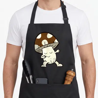 Tablier de cuisine noir avec un champignon marron à pois blancs qui tapote les bras fermés.